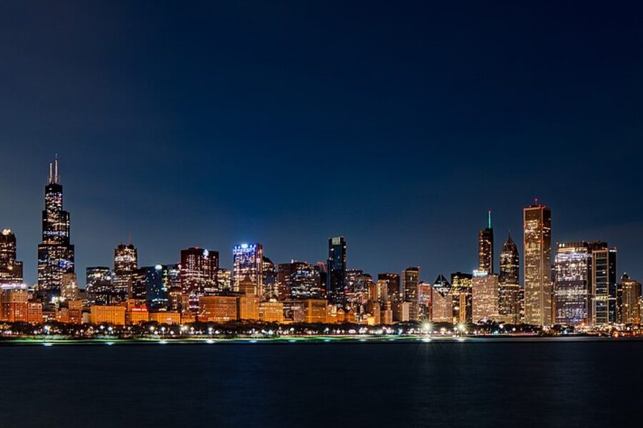 Chicago skyline across Lake Michigan at night