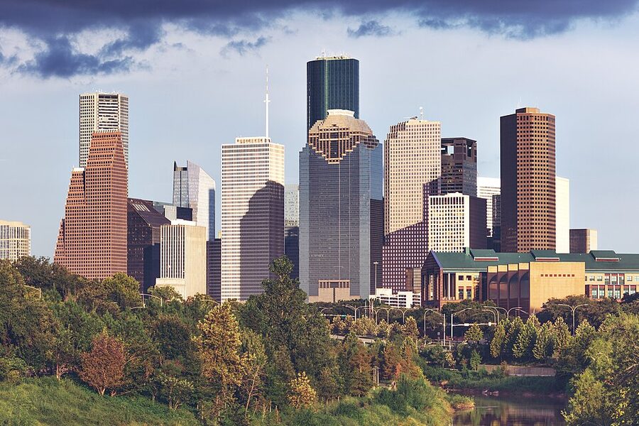 Downtown Houston skyline above the Buffalo Bayou greenery